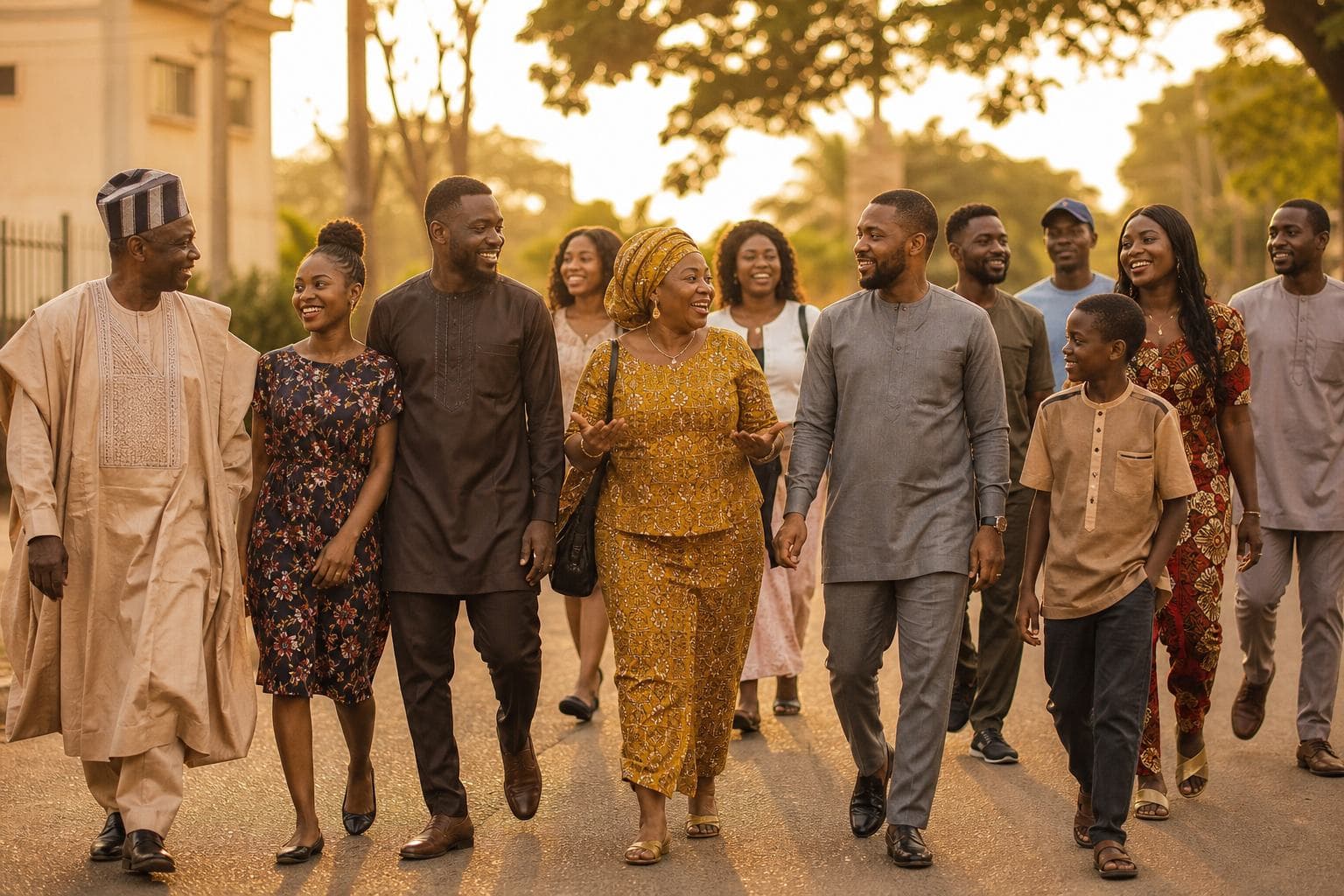 A diverse Nigerian group walking and talking together — different starting points, one growing community