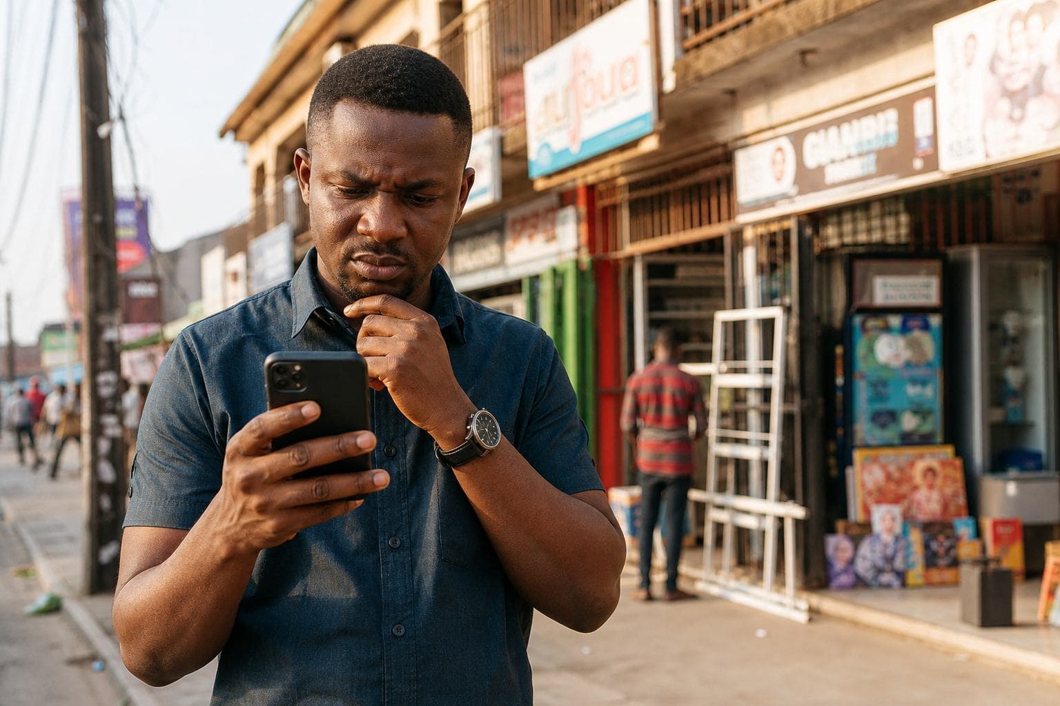 A person on a Nigerian street searching on a smartphone for a local business they do not yet know by name