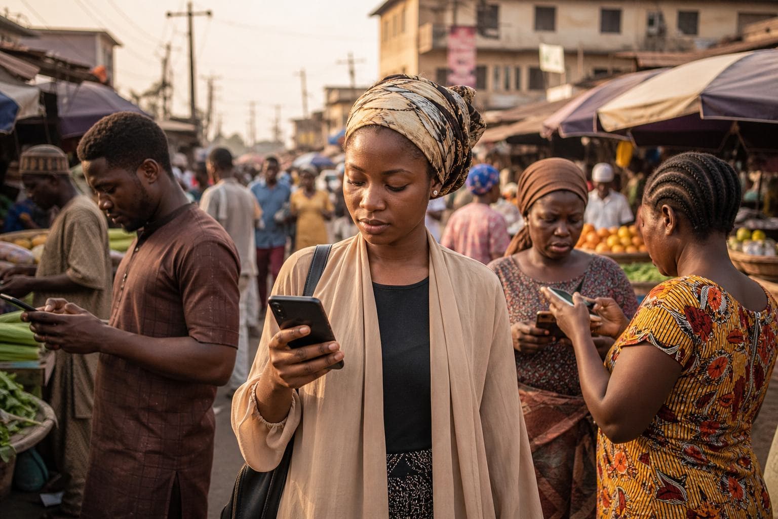 Nigerian entrepreneur using a smartphone in a busy urban market, as people around her also go about everyday digital life