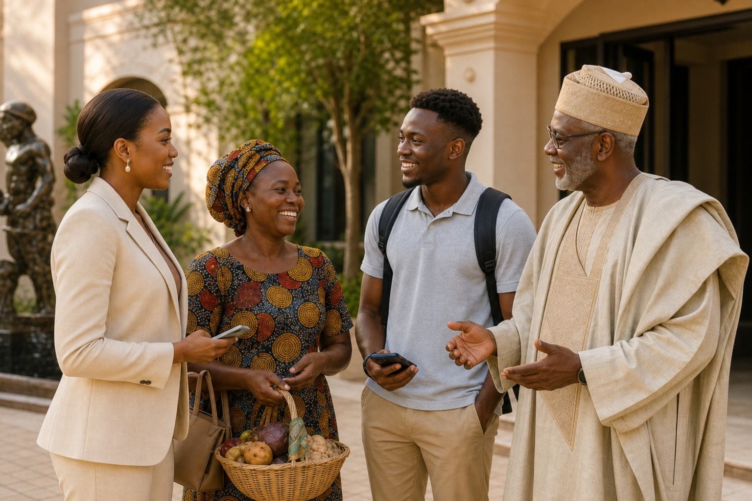 Intergenerational Nigerian community standing together in a sunlit courtyard — professionals and neighbours in one circle