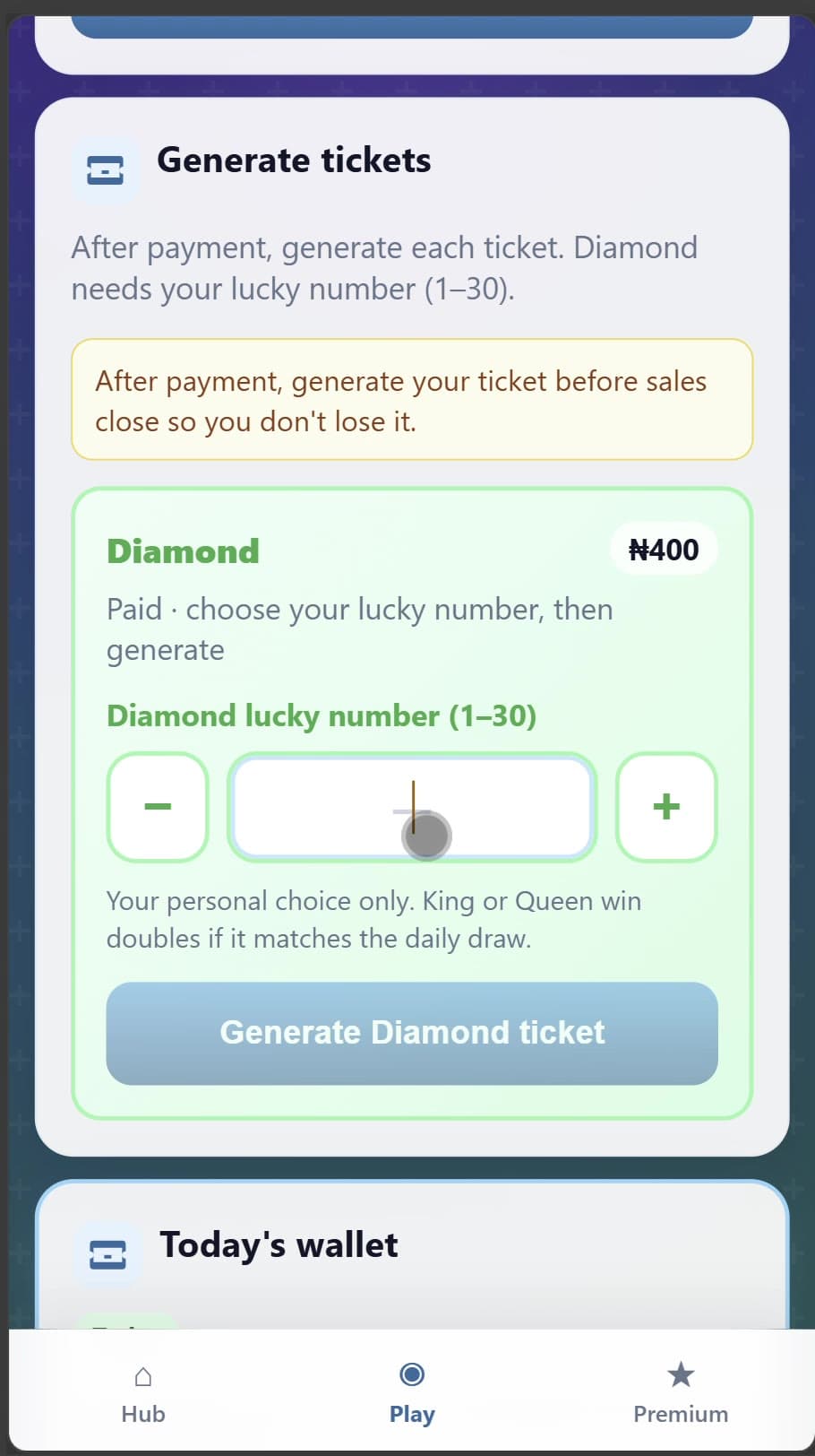 Generating a Diamond ticket and choosing a Lucky Number in Daily