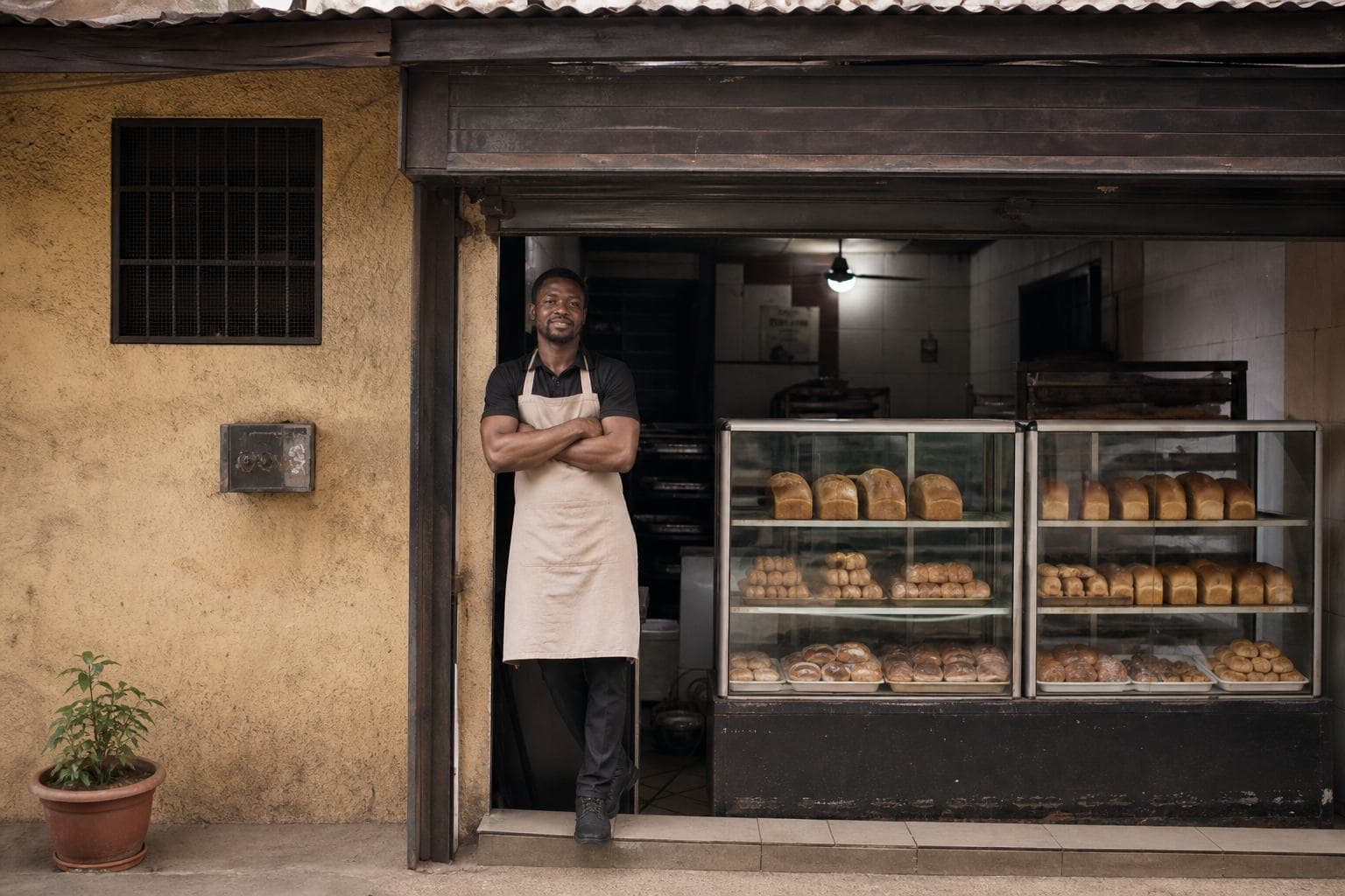 A modest Nigerian neighbourhood shop with the owner in the doorway — quality work that can still be hard to discover