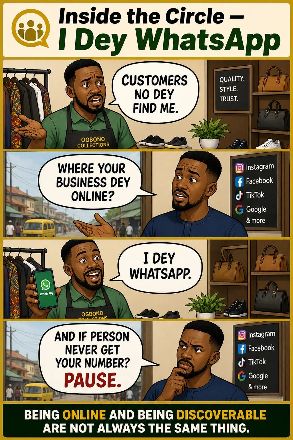 Inside the Circle comic: a shop owner says she is on WhatsApp while customers still cannot find the business
