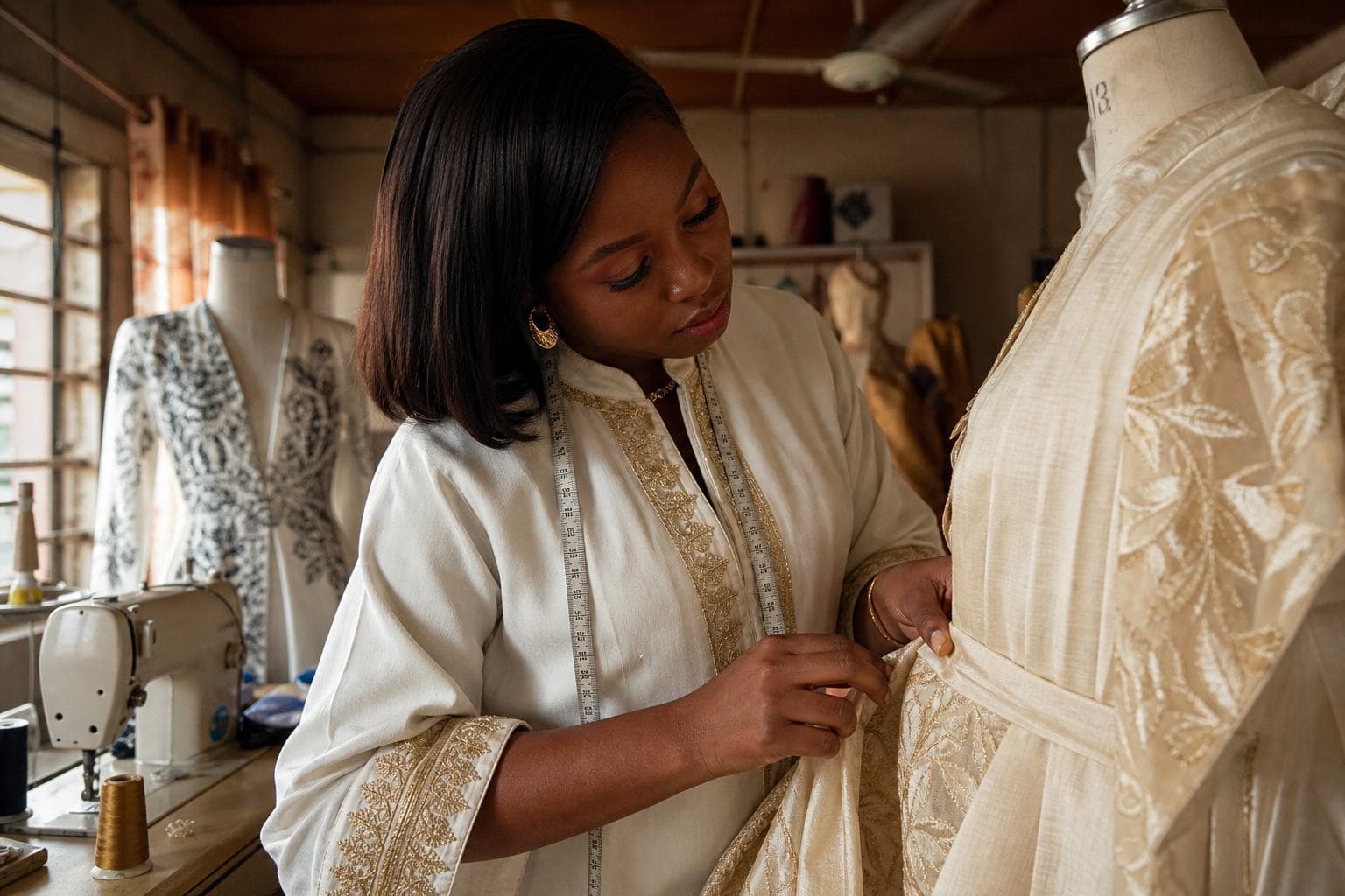 Nigerian fashion designer at work in a small workshop, focused on her craft rather than posing for a camera