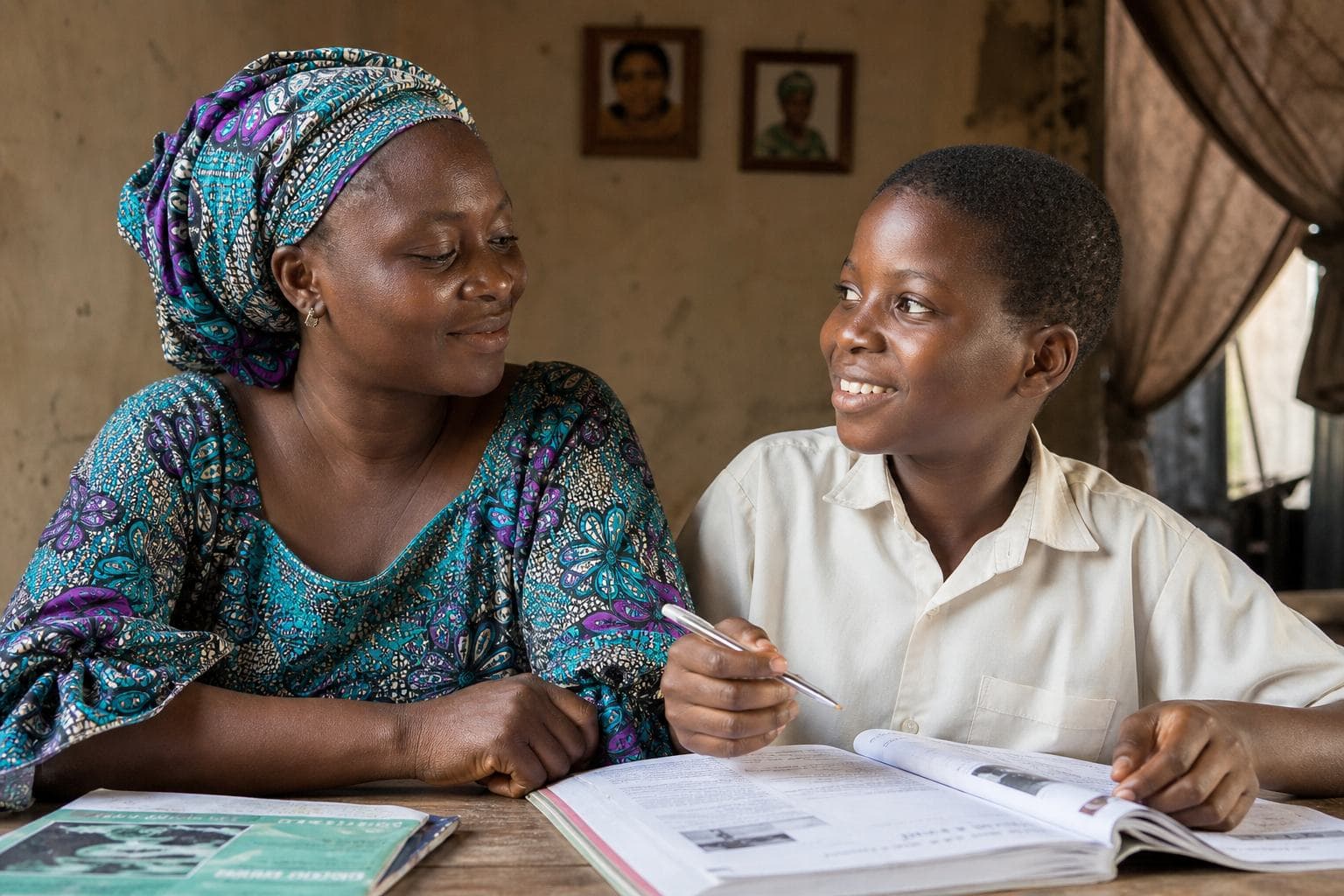 A parent and student with school books at a simple table — dignity and education, not staged charity