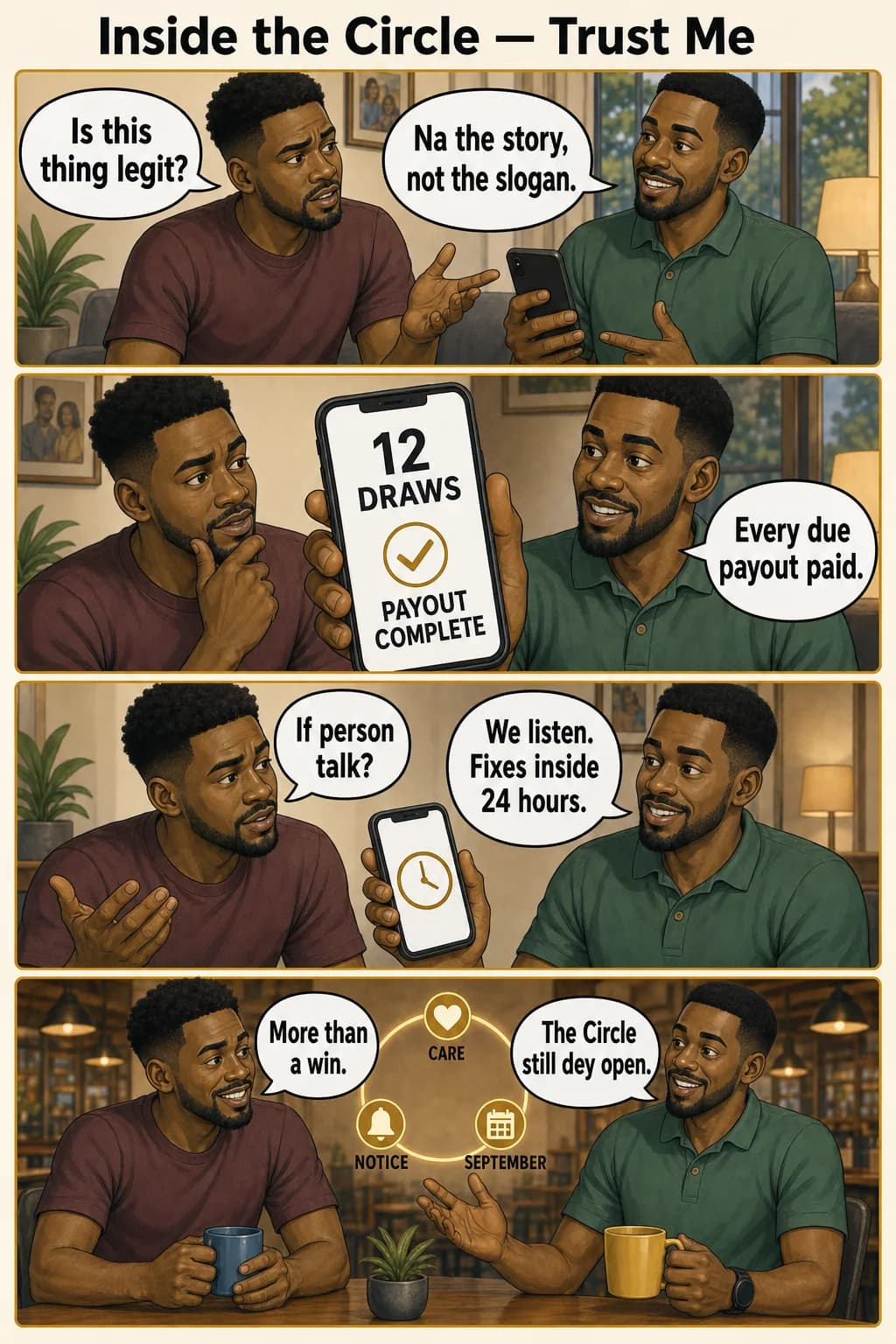 Inside the Circle comic Trust Me: Tunde and Kunle look at 12 completed draws and payout complete, then toward Care, Notice and September