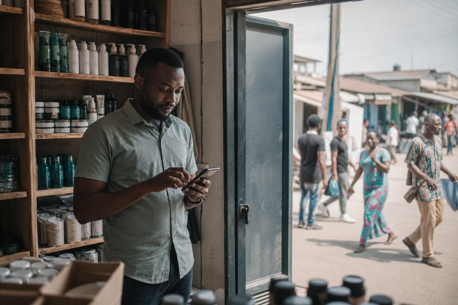 A Nigerian shop owner mid-WhatsApp conversation while potential customers walk past on the street outside