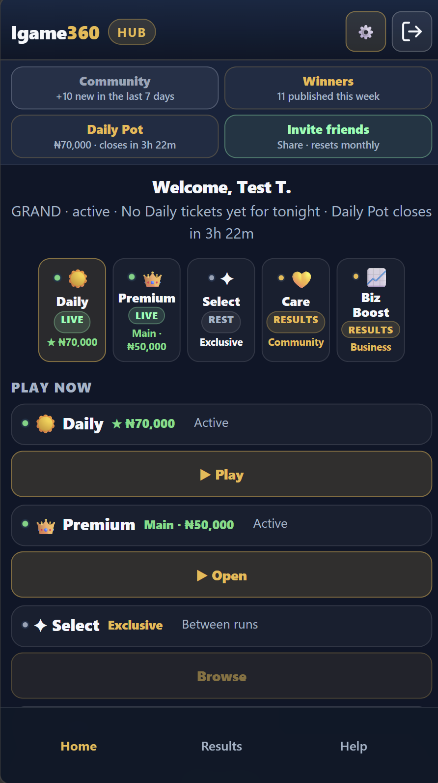 Hub home with LIVE badges